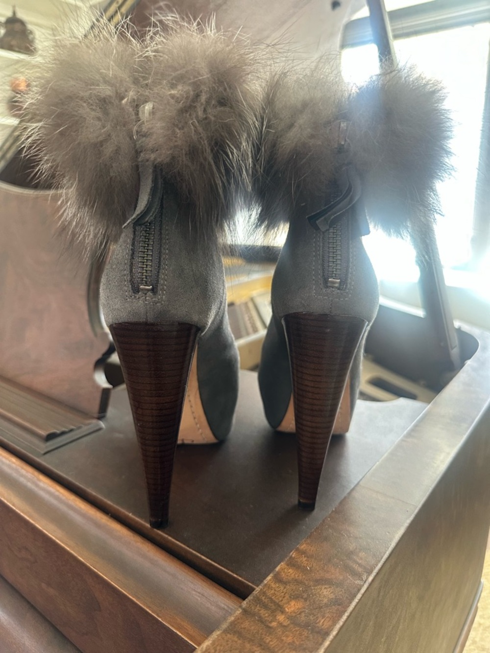 Lux Fur Cuff Suede Stiletto Bootie - Gray - Picture 5 of 6